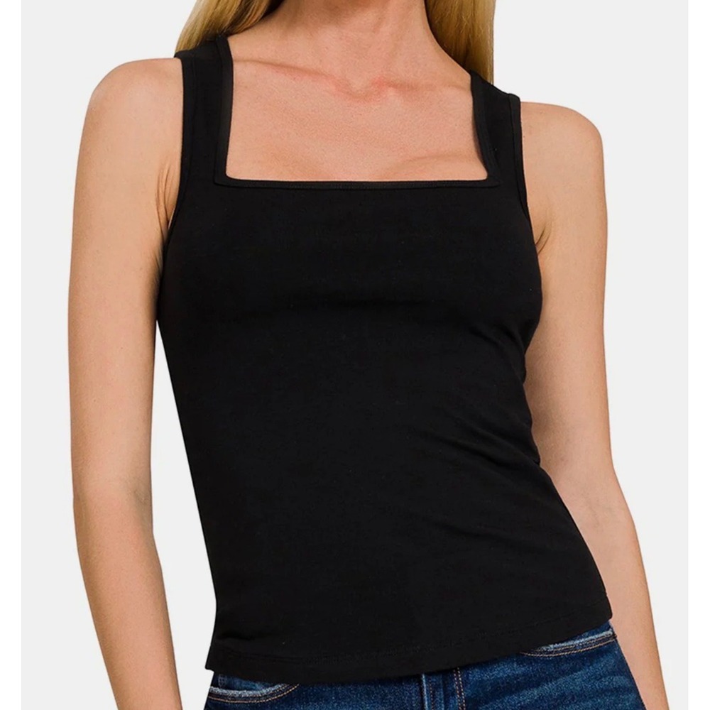 Zenana Black Square Neck Tank Top Cotton Blend Large
